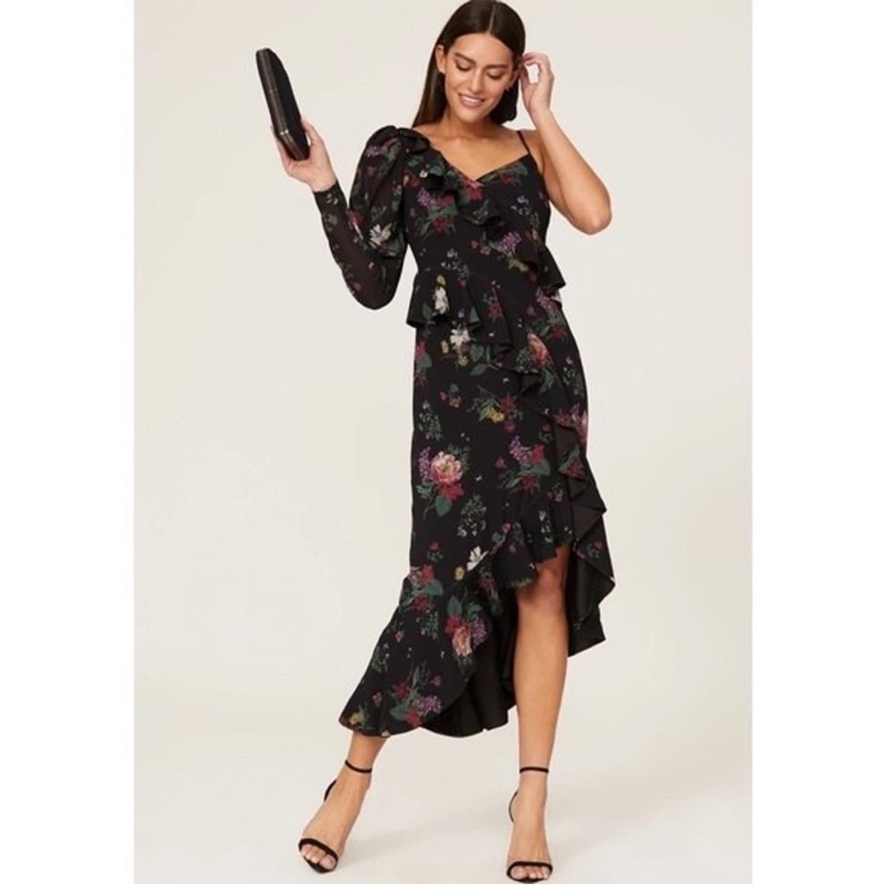 AMUR Pasqualena Black Floral  Asymmetrical Puff Sleeve Cocktail Dress